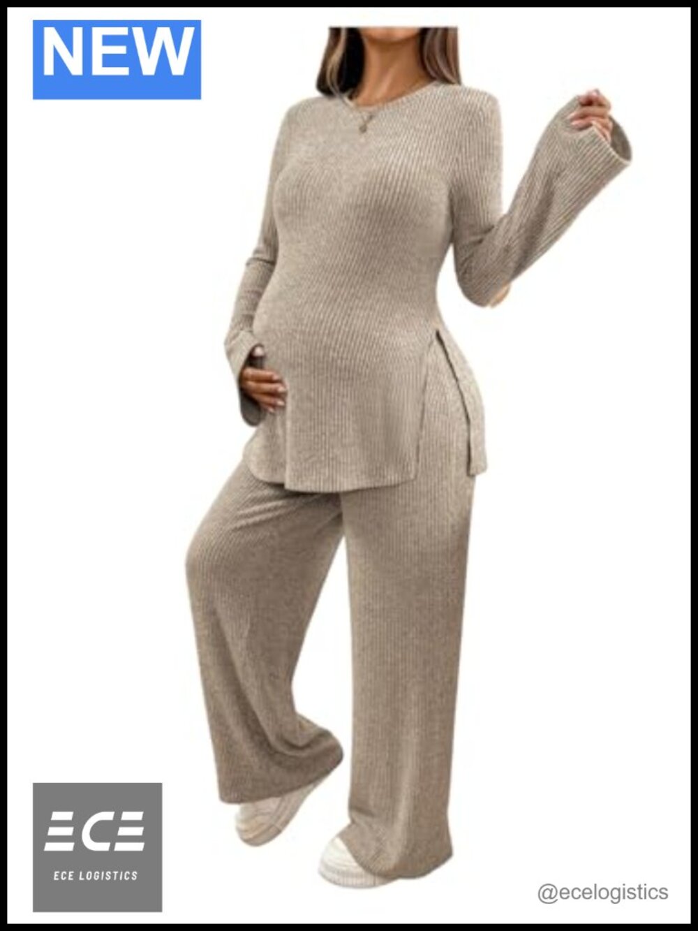 Women's Maternity 2 Piece Ribbed Knit Top and Wide Leg Pants Set Long Sleeve